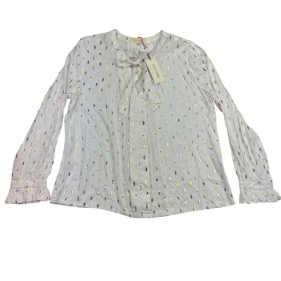 Solitaire Tops - Solitaire White/Gold Geometric Foil Neck Tie ruffle cuff Blouse Women's sz XL